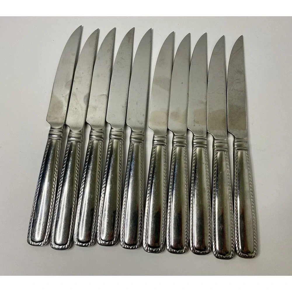 10 Reed & Barton BARRETT Rope Feathered Edge Stainless Steak Knives 9 3/8
